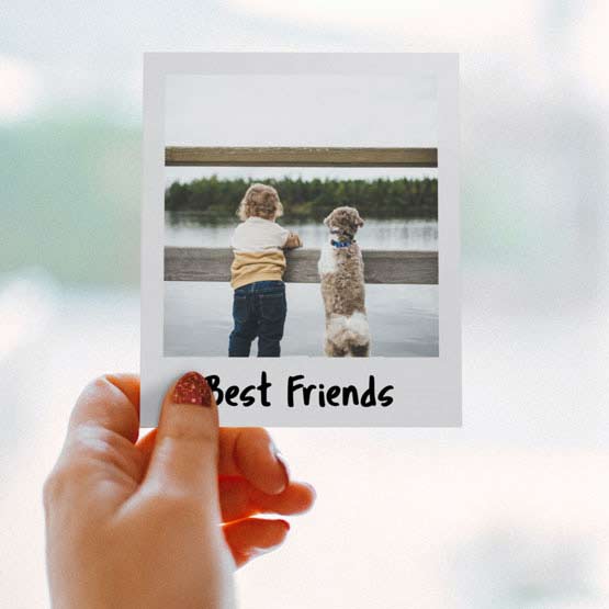 Woman Hand Holding Custom Aluminum Sign With Instant Film Style Full Color Photo Of Kid With Dog And Best Friends Text