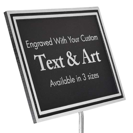 Rectangle Cast Aluminum Black And Silver Sign With Stand And Plastic Plate Engraved To Show Customizable Areas