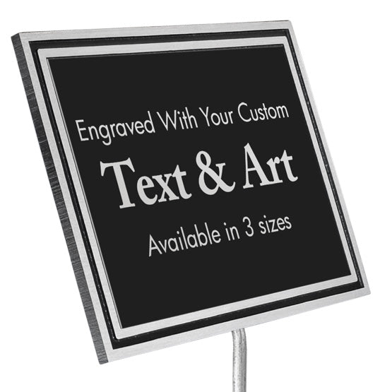 Rectangle Cast Aluminum Black And Silver Sign With Stand And Plastic Plate Engraved To Show Customizable Areas