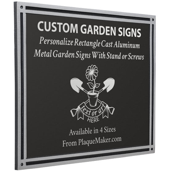 A square custom cast aluminum sign with a black plastic face and silver metallic boarder, featuring white engraved text and placeholder artwork. The sign is shown at a slight angle on a white background.