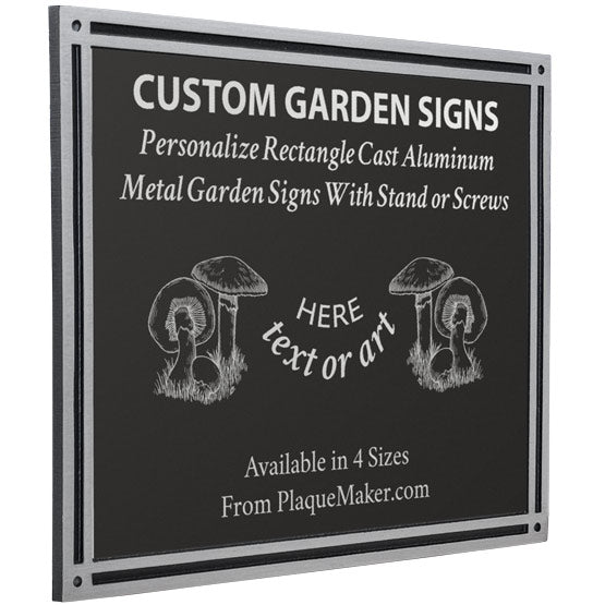 A square custom cast aluminum sign with a black plastic face and silver metallic boarder, featuring white engraved text and placeholder artwork. The sign is shown at a slight angle on a white background.