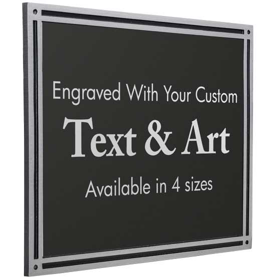 Rectangle Cast Aluminum Black And Silver Sign With Plastic Plate Laser Engraved To Show Customizable Areas For Text And Art