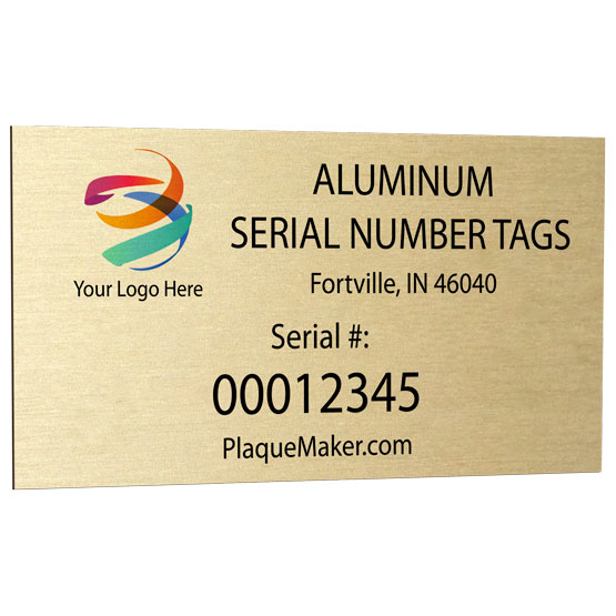 Gold Aluminum Serial Number Tag Printed To Show Customization Options With Sample Logo And Serial Number And Text