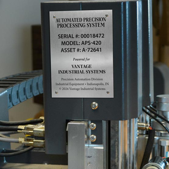 Silver Aluminum Serial Number Tag Printed With Processing System Details And Serial Number Mounted Onto The Equipment