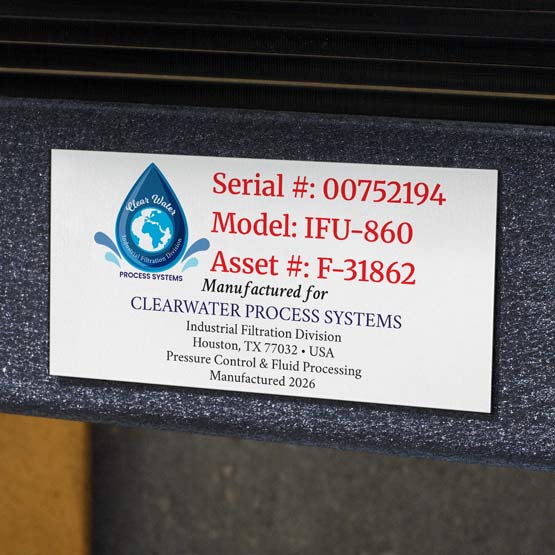 Silver Aluminum Serial Number Tag Printed With Water Filtration Company Logo And Details And Serial Number Mounted On Product