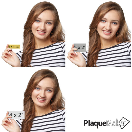 Size Guide Of Happy Woman Holding Up Custom Silver Aluminum Serial Number Tag In Three Different Sizes Up To 4 By 2 Inches