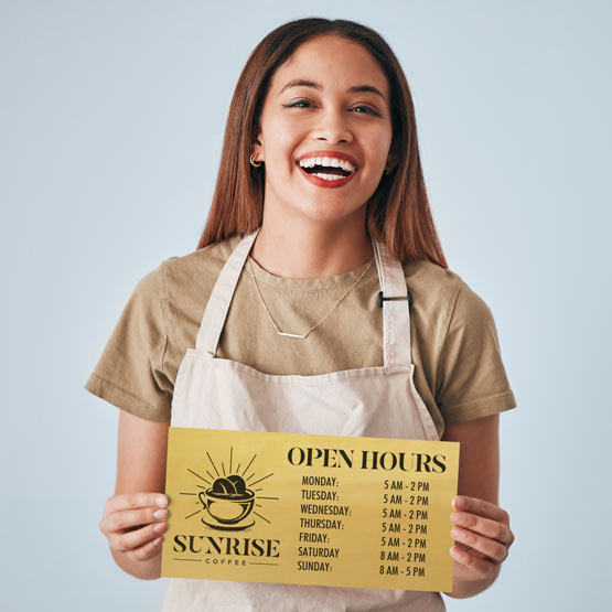 Happy Woman In Apron Holding Custom Ships Today Gold Aluminum Sign Color Printed With Logo And Business Hours