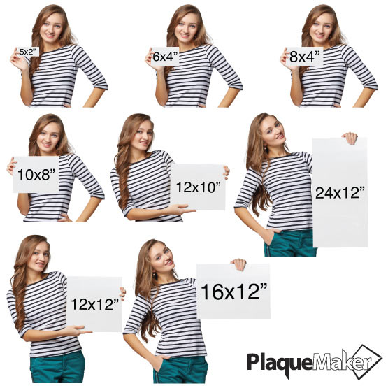 Size Guide With Happy Woman Holding Different Sizes Of Custom Ships Today Silver Aluminum Sign With Rectangle Shape