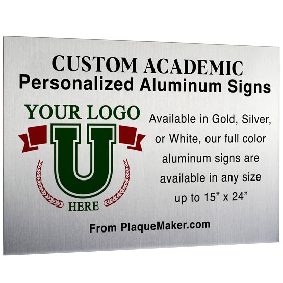 A custom silver aluminum metal sign with printed text and custom logo in the corner, set on a white background.