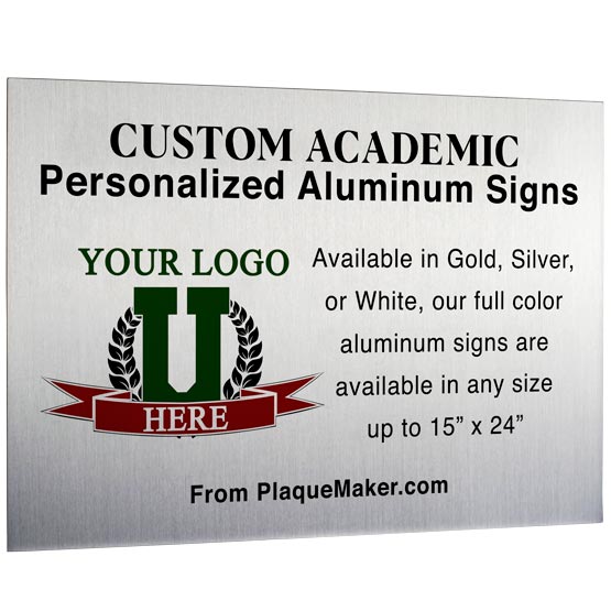 A custom silver aluminum metal sign with printed text and custom logo in the corner, set on a white background.