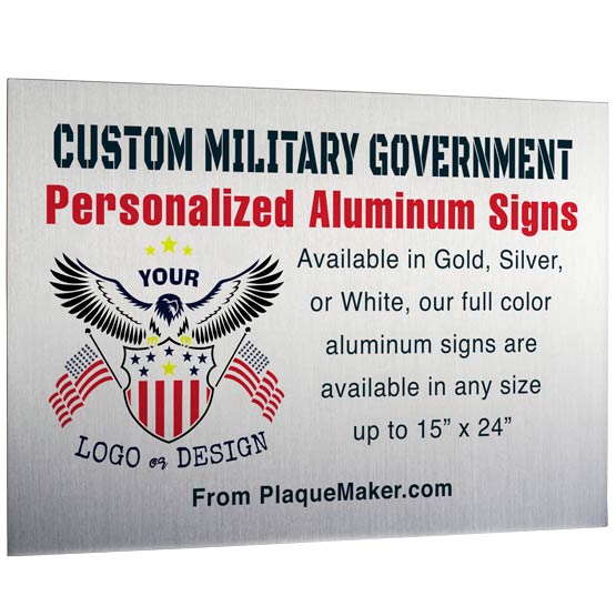A custom silver aluminum metal sign with personalized printed text and placeholder artwork, set at a slight angle and displayed on a white background.