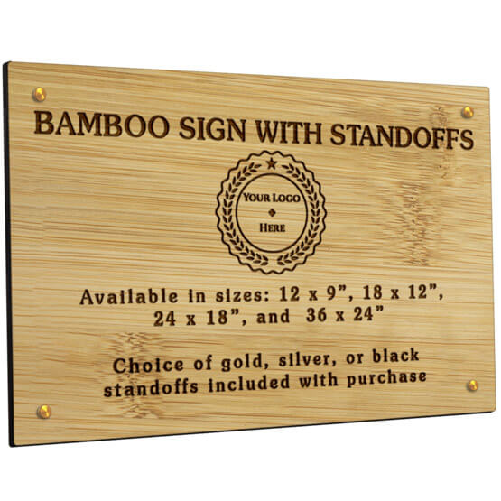 Custom Bamboo Sign With 4 Gold Standoffs And Laser Engraved To Show Customization Options And Areas Against White Background