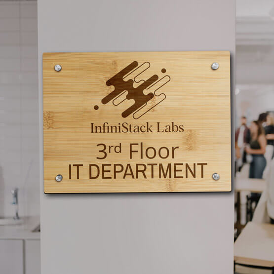 Custom Bamboo Sign Laser Engraved With Lab Logo And Floor Details Mounted Onto Office Column Via 4 Silver Standoffs