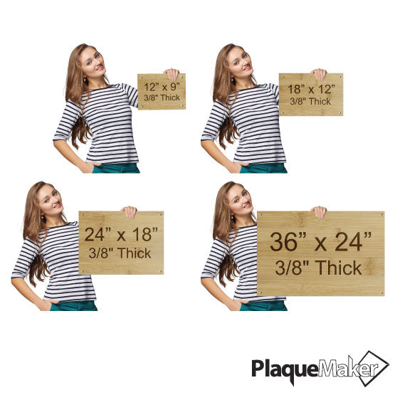 Size Guide With Woman Holding 4 Different Sizes Of Custom Bamboo Sign With 4 Standoffs And Showing Measurements