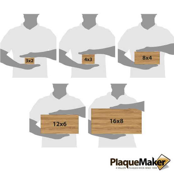 Size Guide With Blank Figures Holding Custom Rectangle Bamboo Address Sign Showing Measurements Against White Background