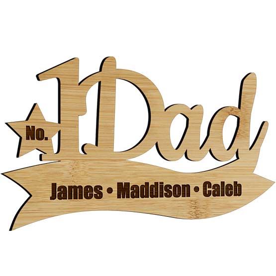 Custom Bamboo Cutout Sign With Number One Dad Text And Star On Ribbon Shape Laser Engraved With Three Names