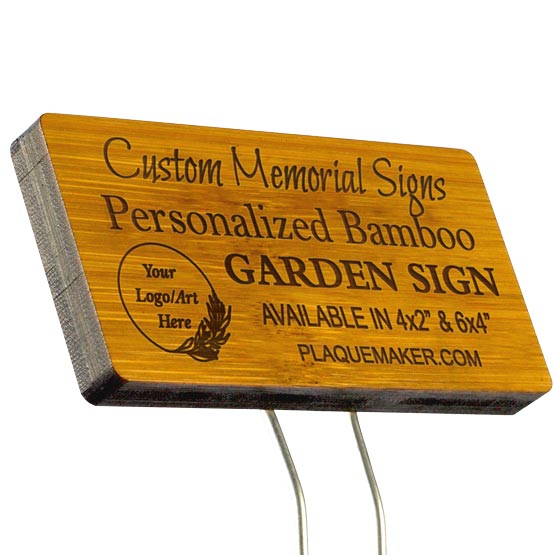 A custom bamboo wood garden sign mounted on a silver stake with personalized engraved text and placeholder artwork, set at slight angle and displayed on a white background.