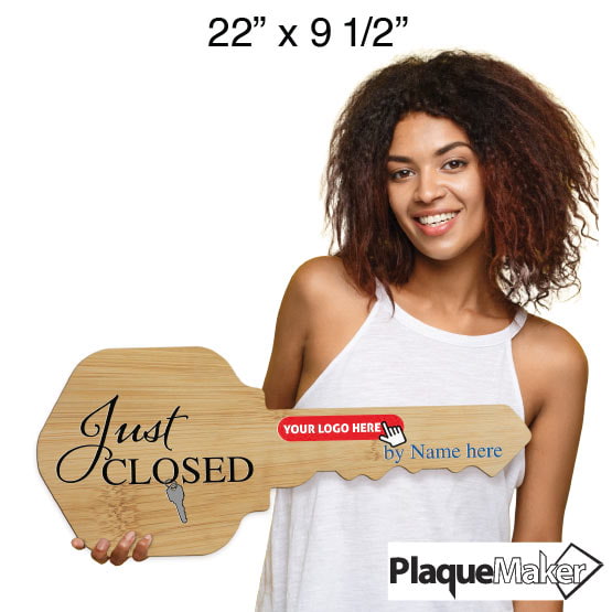Size Guide With Happy Woman Holding House Key Shaped Bamboo Sign Printed With Just Closed Text And Sample Logo Area
