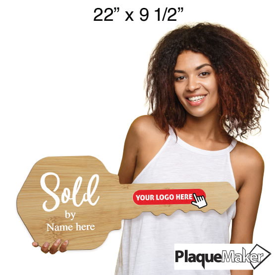 Size Guide With Woman Holding House Key Shaped Bamboo Sign Printed With Sold By Text And Showing Customizable Areas