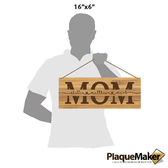 Size Guide With Blank Figure Holding Rectangle Bamboo Sign Engraved With Cursive Kids Names Inside Mom Text Via Twine