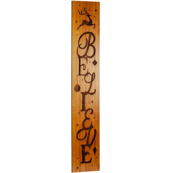 Custom Rectangle Bamboo Sign Laser Engraved With Believe Text And Artwork Of Reindeer And Ornaments And Stars