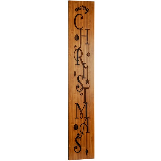 Custom Rectangle Bamboo Sign Laser Engraved With Merry Christmas Text And Ornament Artwork Against White Background