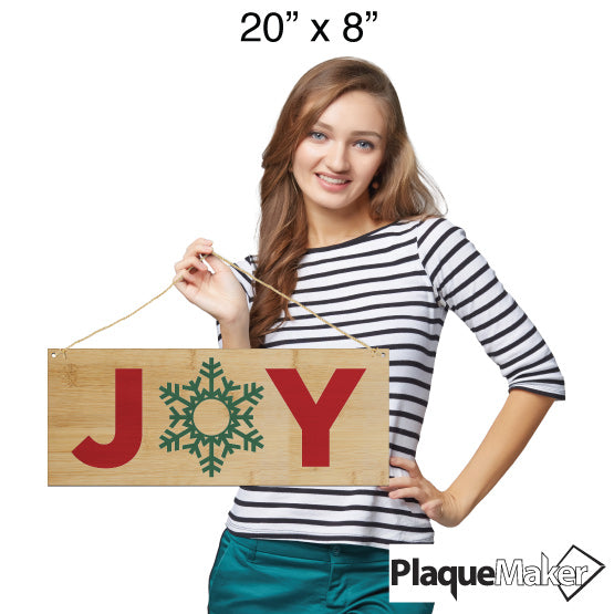Size Guide With Happy Woman Holding Full Color Bamboo Sign Printed With Snowflake Art Inside Joy Text Via Twine