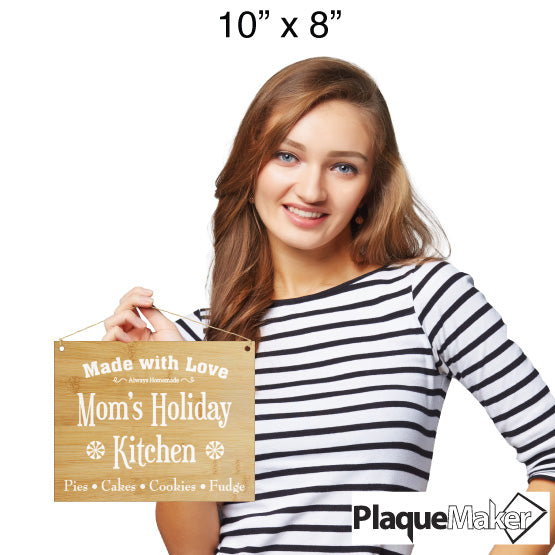 Size Guide With Happy Woman Holding Full Color Bamboo Sign Printed With Mom’s Holiday Kitchen Message Via Twine