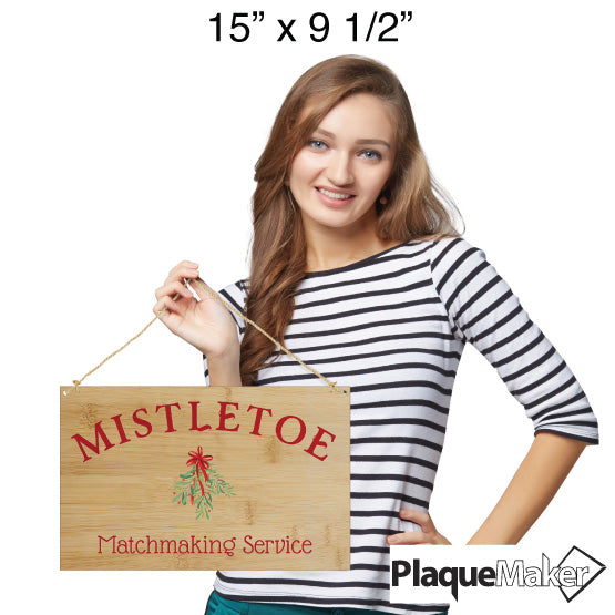 Size Guide With Happy Woman Holding Full Color Bamboo Sign With Mistletoe Matchmaking Service Text And Mistletoe Artwork