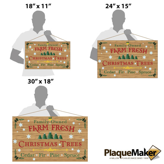 Size Guide With Blank Figures Holding Full Color Bamboo Sign With Festive Tree Art And Family Owned Christmas Trees Message