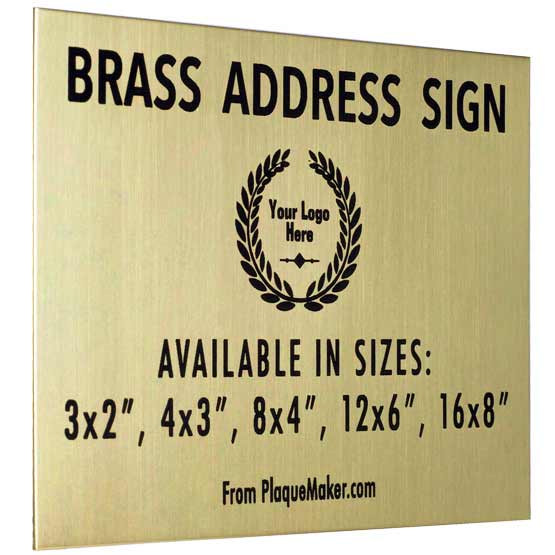 Custom Brass Address Sign Laser Fused To Show Customization Options And Areas For Text And Art Against White Background