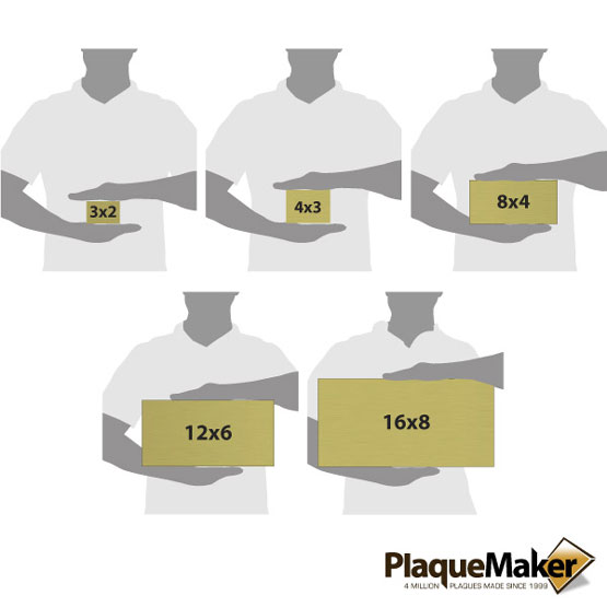 Size Guide With Blank Figures Holding Different Sizes Of Custom Brass Address Signs And Showing Measurements