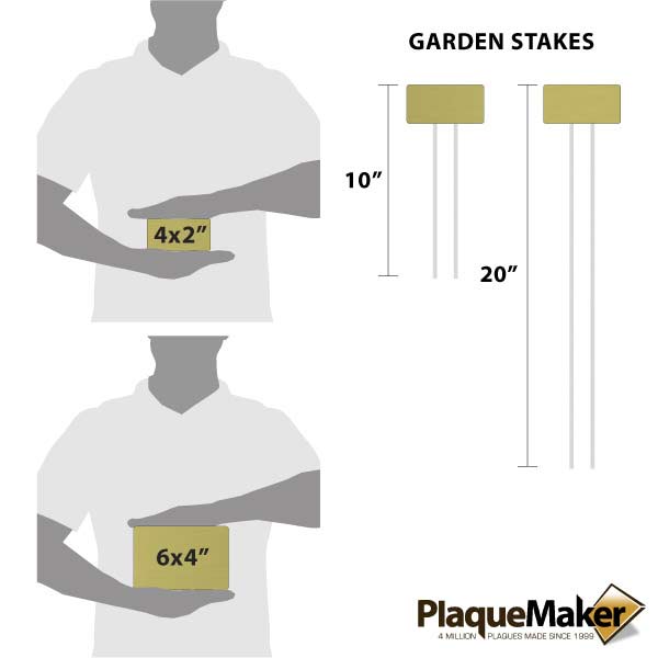 Size Guide With Blank Figures Holding Two Sizes Of Brass Garden Sign With Metal Stand And Two Sizes Of Garden Stakes