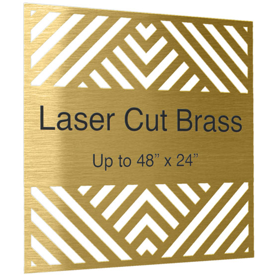 Laser cut brass sheet with geometric pattern and text on a white background