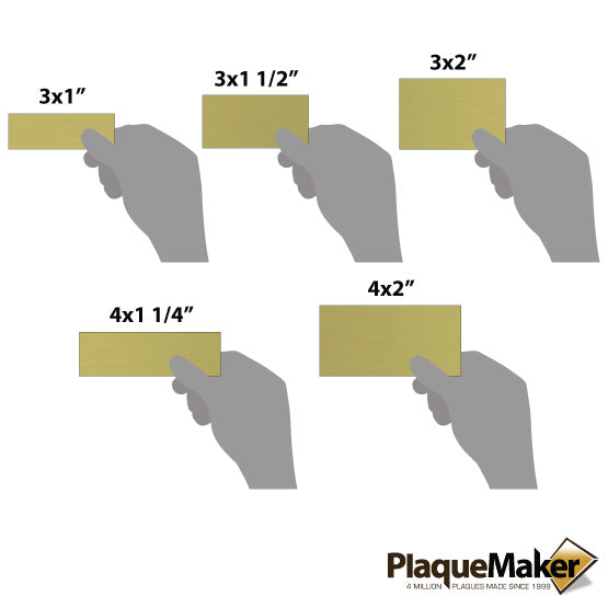 Size Guide With Blank Hand Holding Different Sizes Of Rectangle Brass Label And Showing Measurements Against White Background