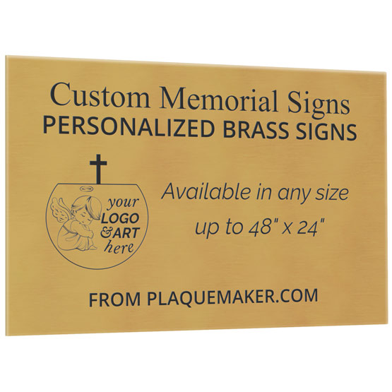 A custom brass metal sign with personalized engraved text and placeholder artwork, set at slight angle and displayed on a white background.