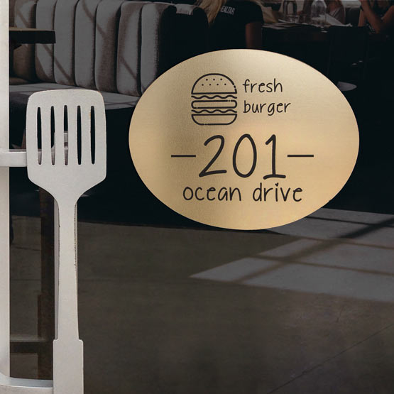 Oval Bronze Address Sign Laser Fused With Fresh Burger Logo And Address Details On Glass Business Door With Spatula Handle