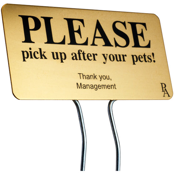 Custom Bronze Garden Sign With Metal Stand And Laser Fused With Sample Please Pick Up After Your Pets Message And Logo