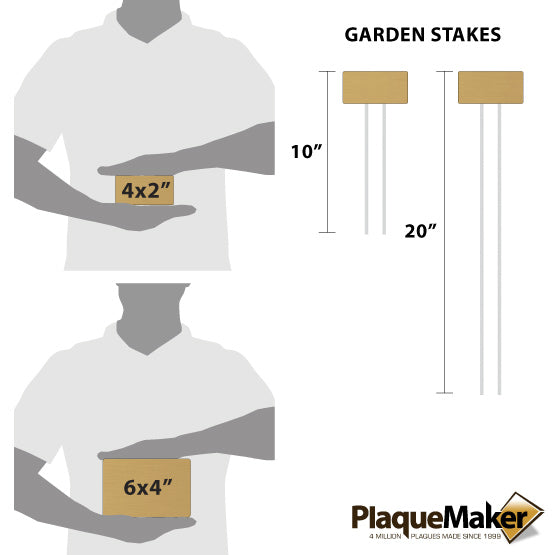 Size Guide With Blank Figures Holding Two Sizes Of Bronze Garden Sign Beside Two Sizes Of Its Metal Garden Stakes
