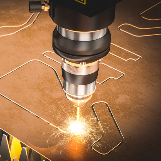 Machine laser cutting through bronze metal with custom shapes.