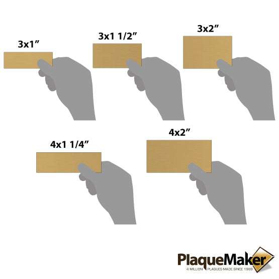 Size Guide With Blank Hands Holding Different Sizes Of Custom Bronze Rectangle Labels And Showing Measurements