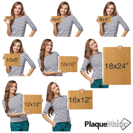 Size Guide With Happy Woman Holding Different Sizes Of Custom Bronze Rectangle Sign Against White Background