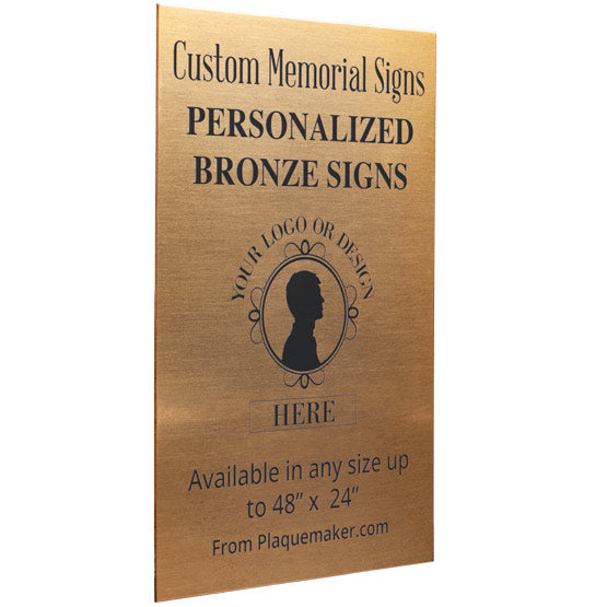 A custom bronze metal sign with personalized engraved text and placeholder artwork, set at slight angle and displayed on a white background.