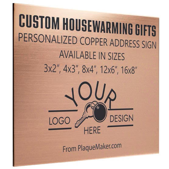 A square copper metal address sign with customizable black engraved text with placeholder logo, set at a slight angle on a white background.