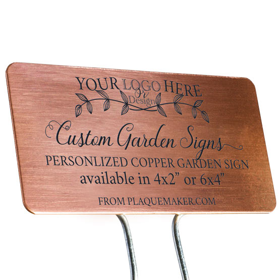 A copper garden sign with rounded corners on a metal stake set on a white background, featuring sample engraved text and a placeholder artwork.