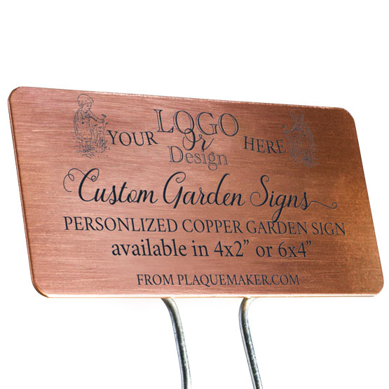 A copper garden sign with rounded corners on a metal stake set on a white background, featuring sample engraved text and a placeholder artwork.