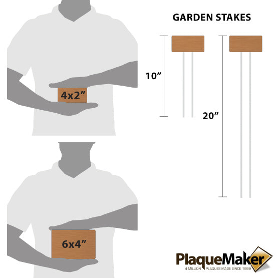 Size Guide With Blank Figures Holding Two Sizes Of Copper Garden Sign Beside Two Sizes Of Its Metal Garden Stakes