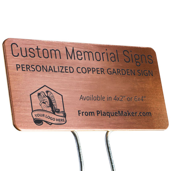 A custom copper metal garden sign with personalized engraved text and placeholder artwork, set at slight angle and displayed on a white background.