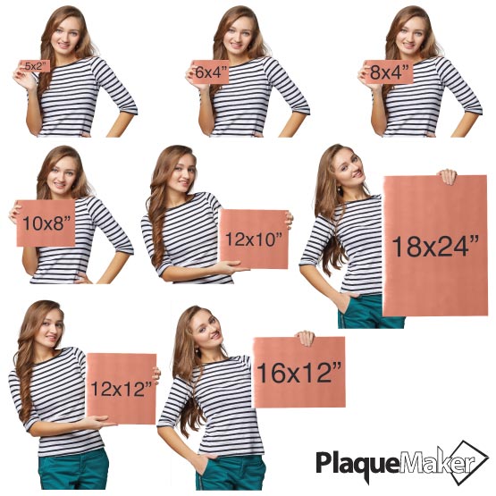 Size Guide With Happy Woman Holding Different Sizes Of Custom Copper Sign Showing Measurements Against White Background