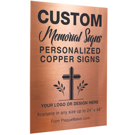 A custom copper metal sign with personalized engraved text and placeholder artwork, set at slight angle and displayed on a white background.